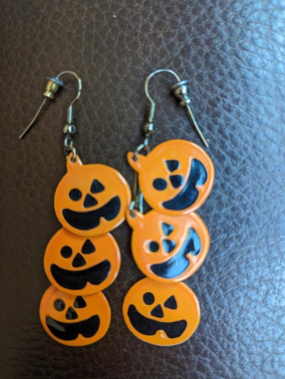 Large Vintage Halloween Enamel Metal Pumpkin Earrings